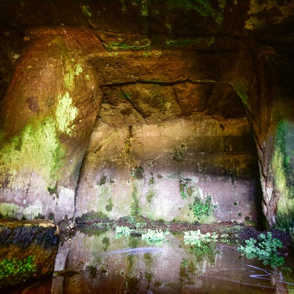 Tomba IV con due pilastri scolpiti, tetto con travi e il motivo scolpito a protomi in serie (foto Ivo Piras)