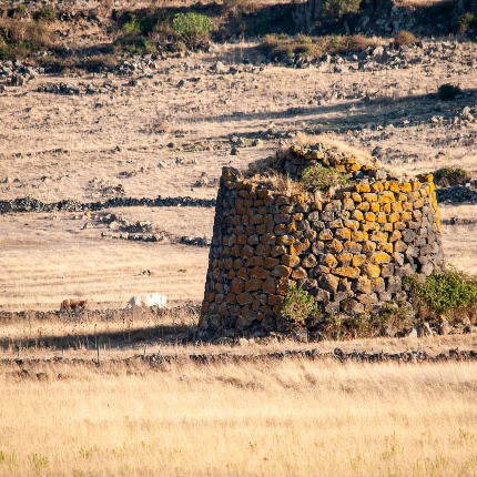 View of the nuraghe with the remains of the tholos chamber on the second floor in the upper part. (photoIvo Piras)